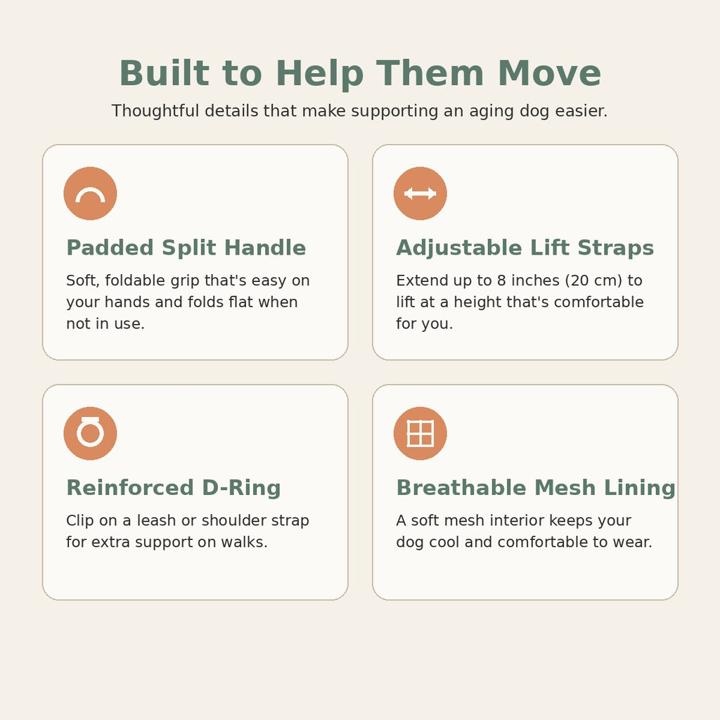 An informational graphic with the headline 'Built to Help Them Move' and four feature boxes showing a pet lift handle: padded split handle, adjustable lift straps, reinforced D-ring, and breathable mesh lining.